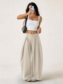 Pantalones anchos de verano con dobladillo curvo verde, estilo vintage, casual y para salir - Beis - Ver 7