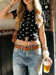 2026 Nuevo Llegada Suéter de Punto a Lunares Elegante para Mujer - Cuello Redondo Mangas Cortas con Botones Delanteros, Estilo Versátil Casual de Oficina Minimalista para Vacaciones - Negro - Ver 1