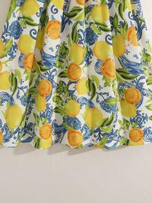 Conjunto de 2 piezas de top corto sin mangas y falda con estampado de hojas de limón para mujer, conjunto de vestir casual elegante para vacaciones - Multicolor - Ver 4