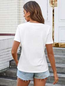 Camiseta de mujer cómoda de algodón, informal, con bolsillo, cuello en V, versátil y de moda - Blanco - Ver 4