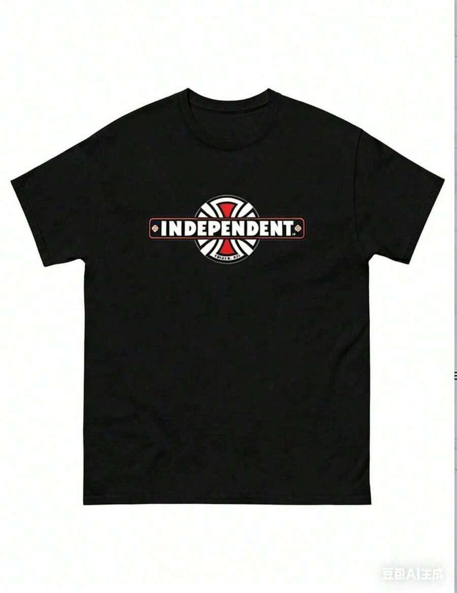 Independent Trucks Retro 90s Skateboard Graphic Print T-Shirt - White Crew Neck T-Shirt With Black And Brown Emblem Print, All-Season Comfort, Machine Washable For Men, Teens, Skate Culture And Outdoor Activities. Men's Summer Crew Neck Short Sleeve Printed Cotton T-Shirt, Loose Fit. - 黑色 - 查看 1
