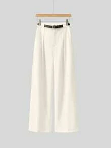 Mid-Rise Solid Color Elegant Straight-Leg Pants With Belt Spring - Cream - View 2