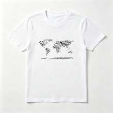 Mapa Mundial Playera de Algodón Blanca con Letras Minimalista - Blanco - Ver 1
