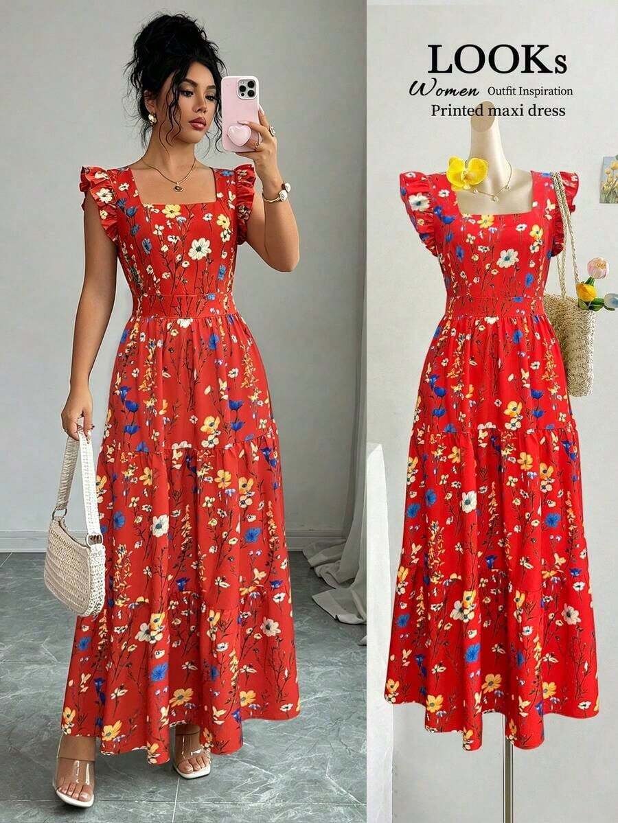 Vestido de mujer con cuello cuadrado, cintura ceñida y mangas acampanadas con estampado multicolor. Elegante y sofisticado, adecuado para el Día de San Valentín, Pascua, Día del Trabajo, cumpleaños, citas, fiestas, ocasiones formales, atuendo de maestra, looks de alta vibra, viajes y vacaciones, ropa de calle, primavera y verano - Blanco - Ver 1