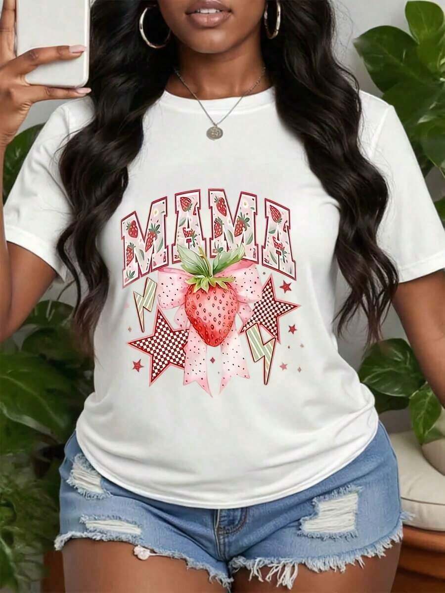 Casual Strawberry Print T-Shirt, Retro Strawberry Graphic T-Shirt, Vintage Fruit Illustration T-Shirt, Gift For Sweet Berry Lovers, Retro Style Clothing, Perfect Gifts For Grandma And Mom. - 白色 - 查看 1