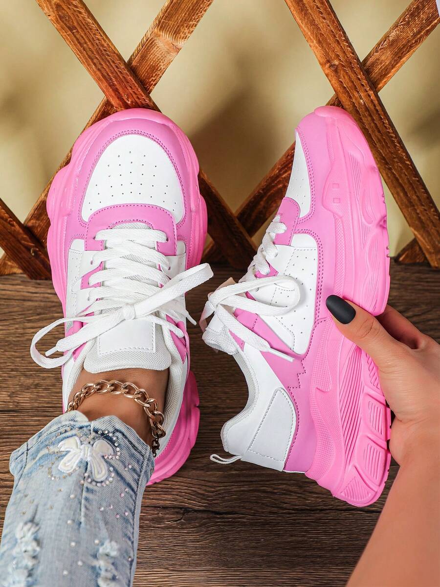 Giày sneaker đế xuồng đế dày phối màu cho nữ, thiết kế trắng hồng cá tính thanh lịch, giày sneaker đế bánh mì dày thoải mái đa năng, cổ thấp buộc dây, giày nữ phong cách dopamine, giày đôi size lớn, giày phong cách đường phố Mỹ retro trẻ trung - Hồng - Xem 1