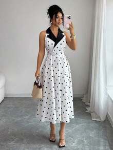 Vestido de verano de longitud media sin mangas con estampado de lunares, elegante y apropiado para ir al trabajo - Multicolor - Ver 7