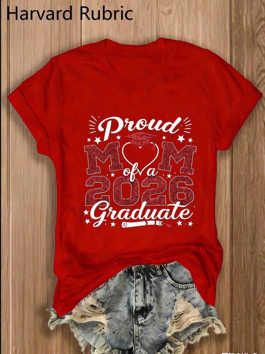"Proud Mom Of A Class Of 2026 Graduate" T-Shirt - 1 Piece, 100% Multicolor, Crew Neck, Y2K Fashion, Vintage, Breathable, Streetwear, Casual, Versatile, Summer Essential - Gift For Family Reunions, Women's College Graduation T-Shirt - 紅色 - 查看 1