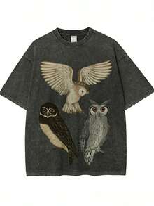 1 camiseta de algodón lavado, con un estampado de tres búhos volando, camiseta de marca de moda vintage de algodón batik de alta calidad, camiseta unisex, camiseta popular para uso diario, regalo para las fiestas, regalo perfecto, 180g 100% algodón. - Negro - Ver 6
