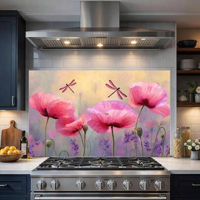 Spring Floral Wall Mural Peel Stick Kitchen Backsplash Decor 35.4x23.6 Inch Farm House Style Pink Py Dragonfly Art Decal