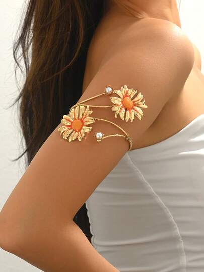 1 pieza Brazalete de brazo con flor de margarita bohemia con perlas falsas y gota de aceite naranja, brazalete elegante de flor dorada para el brazo superior, joyería elegante para mujeres, perfecta para atuendos de playa y festivales de verano