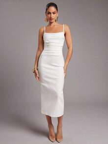 Vestido midi de verano para mujer de unicolor, elegante, con tirantes de espagueti y drapeado ajustado - Blanco - Ver 8