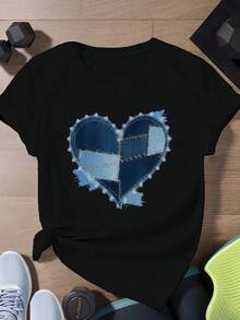 Heart Shaped Denim Pattern Women's Plus Size Sports Short Sleeve T-Shirt - Black - View 1