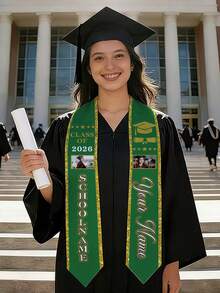 Personalizado Graduación con foto y nombre personalizado, Faja de graduación Clase de 2026 con nombre de la escuela y año de graduación, Faja de graduación de satén negro con borde dorado para graduados universitarios - Multicolor - Ver 9