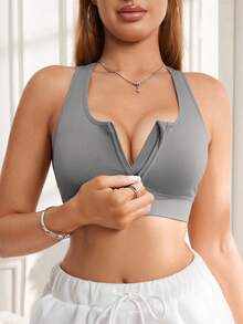 4 buah Bra Olahraga Tanpa Jahitan dengan Desain Silang dan Lubang-Lubang, Bra Pendek Elastis dengan Resleting Depan untuk Wanita - MultiWarna - View 2
