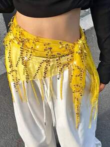 Women Belly Dance Sequin Tassel Hip Scarf Triangle Belt Wrap Skirts Music Festival Sheer Mesh Waist Chain - 黃色 - 查看 4