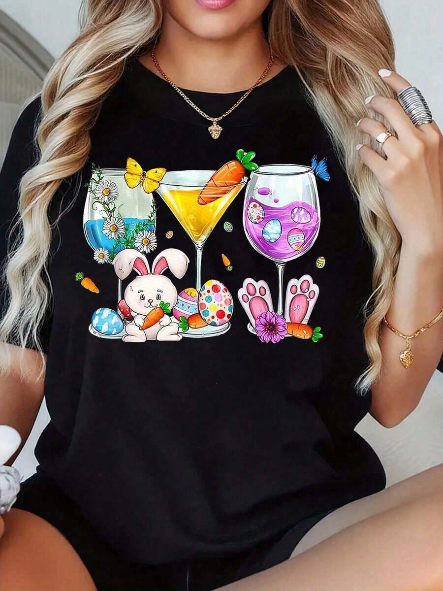 Women's T-Shirt With Easter Bunny Cocktail Glass Design, Black T-Shirt For Women, Spring Party Clothes, Decorated With Easter Eggs And Carrots, Fashion Top - 黑色 - 查看 1