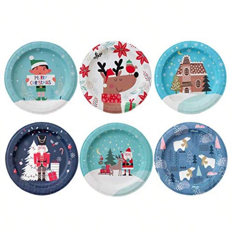 Paper Plates - 60-Count 8" x 8" Small Disposable Christmas Party Dessert Plates in 6 Assorted Designs - Reindeer Santa Polar Bear Elf Gingerbread House Nutcracker - Christmas Party Supplies - Multicolor - Añade 9