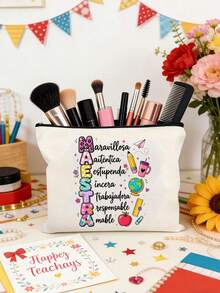 1 Pc Teacher Makeup Bag,Maestra Letter Pattern Makeup Bag,Floral Print Zipper Women'S Cosmetics Bag,Wash Bag,For Women'S Cosmetics Storage, University Dormitory Cosmetics Storage, Women'S Travel, Gift Bags,Teacher'S Day Gift Bag,Portable Shopping Bag, Lightweight Foldable Storage Bag, Simple Shopping Bag - Multicolor - View 6