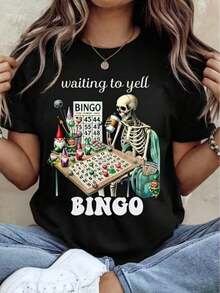 Women's Casual Everyday T-Shirt With Skeleton And Gnomes Playing Bingo Print, Casual T-Shirt Suitable For Daily Leisure - Unisex Vintage Urban Style, Loose Fit Short Sleeve Cotton T-Shirt With Round Neck, 100% Pure Cotton - 黑色 - 查看 6