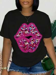 Lip Print T-Shirt, Short Sleeve, Round Neck, Casual Top, Summer And Spring, Women's Clothing, Women's T-Shirts - 黑色 - 查看 6