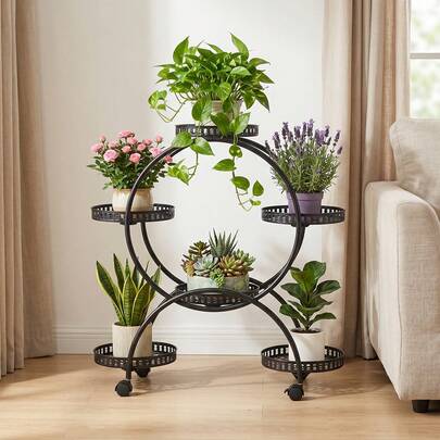 6-Potted Metal Plant Stand, Round Tiered Plant Shelf With Lockable Wheels, Heavy-Duty Rustproof Frame, 1.6" Raised Edge Trays, Space-Saving Design, Easy Assembly, Rolling Flower Pot Holder For Indoor Outdoor Patio Balcony Living Room