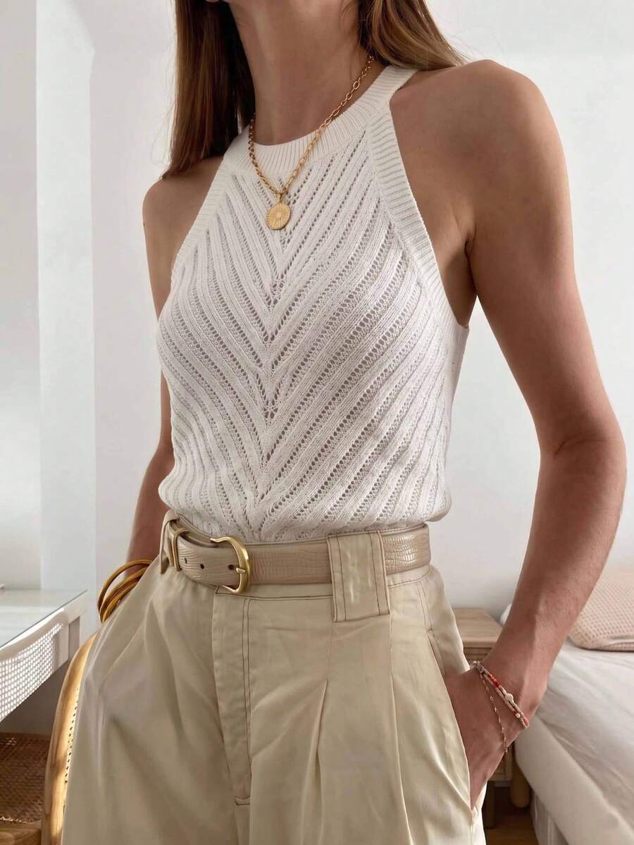 Camiseta sin espalda de punto texturizado con diseño calado, ropa de playa sexy, versátil para vacaciones, salidas, viajes, suéter blanco de verano - Blanco - Ver 1