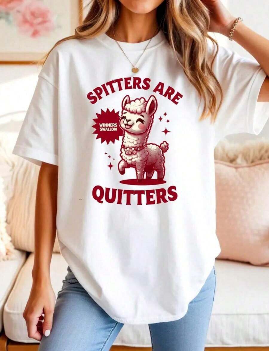 Women's Cotton T-Shirts Spitters Are Quitters Alpaca Shirt _ Funny Llama T-Shirt For Adults _ Winners Swallow Tee _ Sarcastic Animal Humor Graphic Shirt Gift Basic Blouses For Women - 白色 - 查看 1