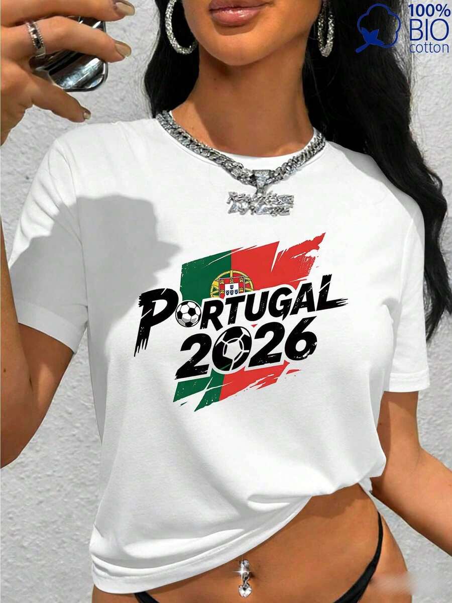 Sporty Style, Portugal 2026 Football Flag Print, Versatile Crew Neck T-Shirt, Loose Fit For Summer Outdoor Activities, Women's Short Sleeve T-Shirts For Work #Play#Home#Retro American - 白色 - 查看 1