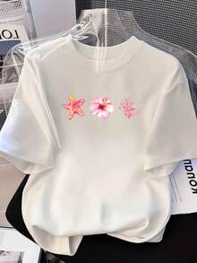 Simple And Versatile Design, Women's Fitted Short Sleeve T-Shirt Style Y2K - Black With Pink Starfish Floral Print, 100% Breathable, Round Neck, Cute Casual T-Shirt For Beach And Daily Wear, Machine Washable For Spring, Summer And Autumn, Cotton T-Shirt With H Line Design And Marine Life Print. - 白色 - 查看 6