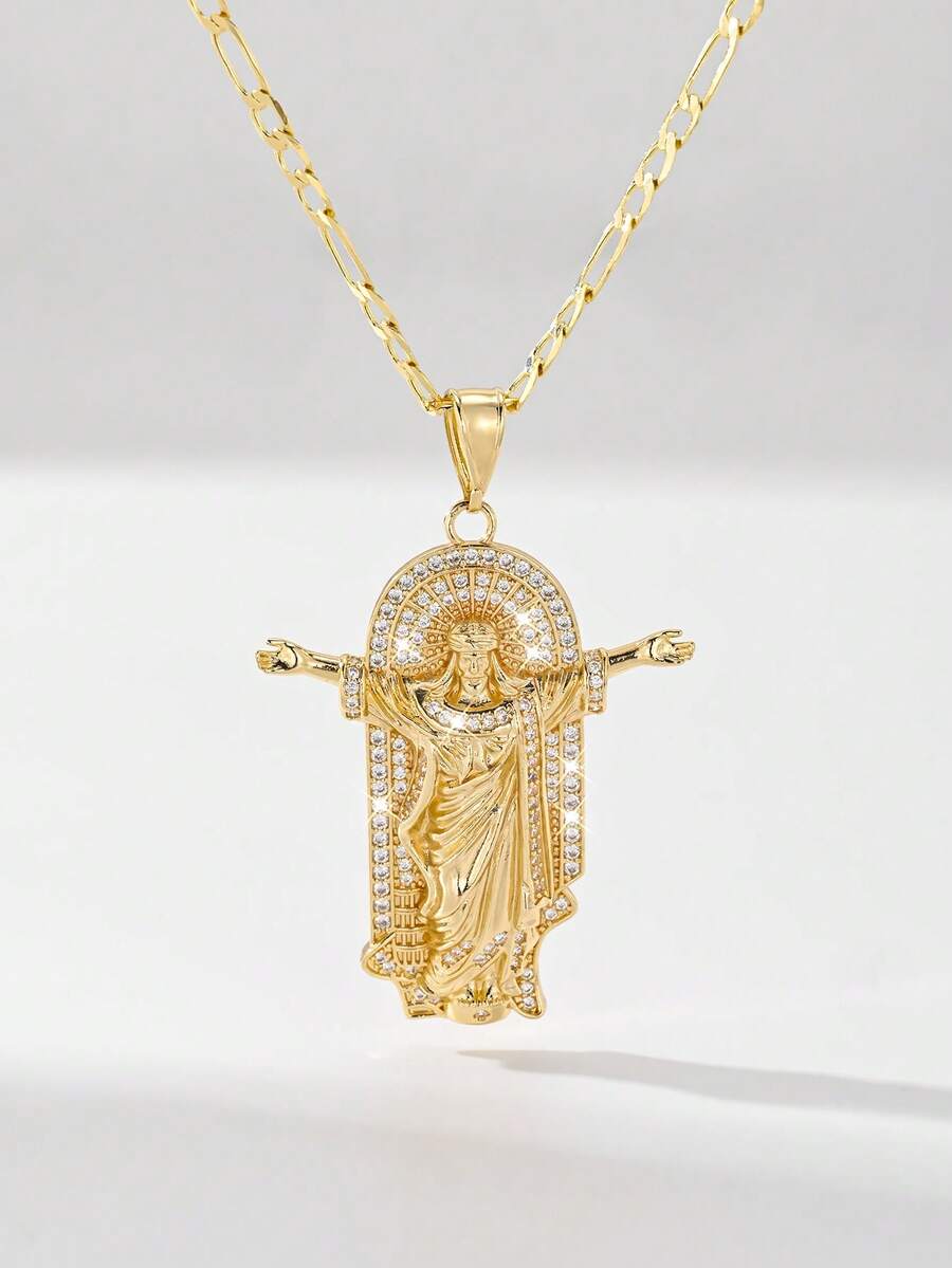 Mặt dây chuyền hình tượng Chúa Cứu Thế kiểu Công giáo cổ điển, unisex, tượng Chúa Giê-su 3D phục chế + đá Zirconia sáng bóng, dây chuyền cổ điển 60cm, phù hợp với mọi dáng người, truyền tải ý nghĩa cốt lõi của đức tin về sự cứu chuộc, bảo vệ và bình an. Thích hợp làm quà lưu niệm cho lễ Rước lễ lần đầu và lễ Rửa tội. Thanh lịch cho việc đi lại hàng ngày và thờ phượng tại nhà thờ, cân bằng giữa đức tin và phong cách cổ điển. - Vàng - Xem 1