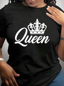 Suéter casual de manga corta para mujer con un diseño de corona y la palabra 'Queen', perfecto para la moda de primavera y verano, top versátil de manga corta, camisetas de mujer, camiseta con estampado, camisetas con estampado para mujer, camiseta de verano, camiseta casual, camisas de verano, tops, conjuntos de verano para mujer, camiseta casual cómoda de manga corta con cuello redondo, blusas elegantes para dama. - Negro - Ver 7