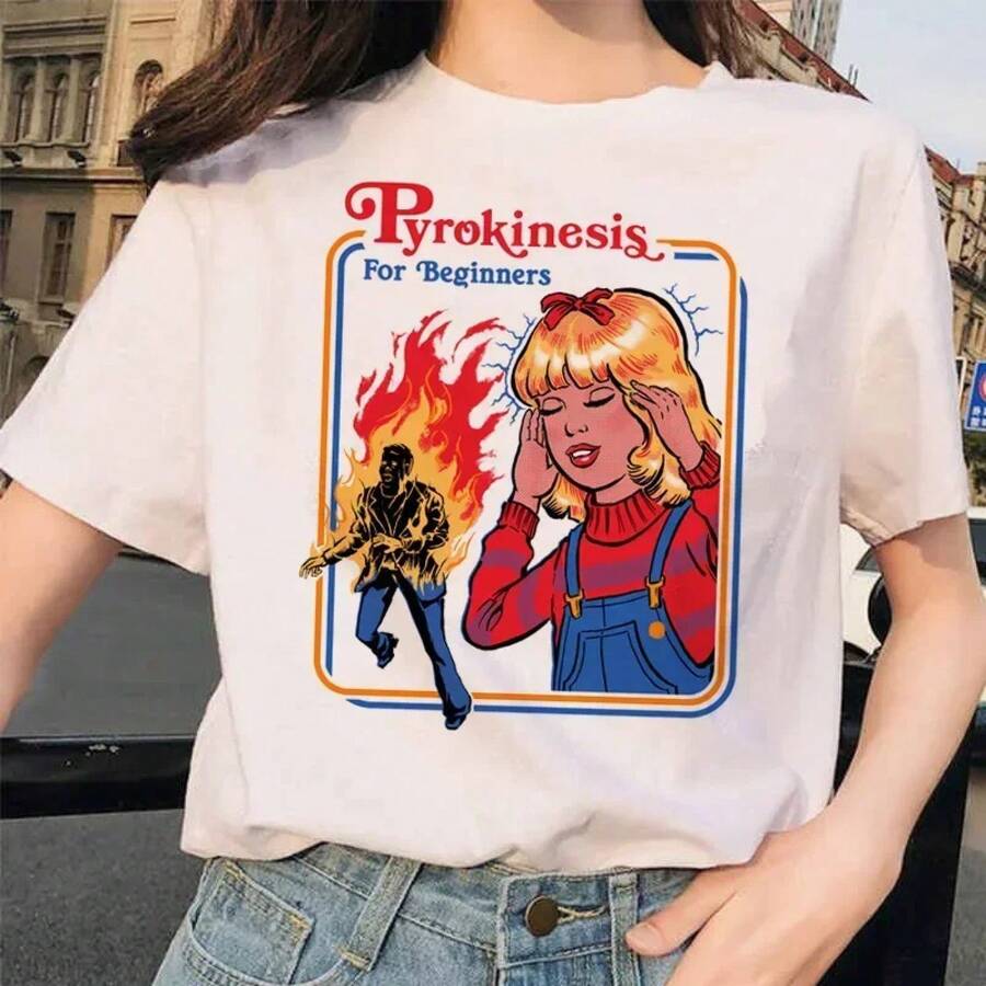 Women's Aesthetics T-Shirt, Casual Summer Style, Harajuku Cartoon Print, Short Sleeve T-Shirt With Satan Design, Urban Vintage Style, Unisex, Cotton, Round Neck, Loose Fit - 白色 - 查看 1
