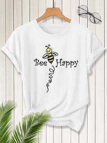 Women's Summer Clothing, Plus Size Short Sleeve Crew Neck T-Shirt With "Bee Happy" Print, Cool Forest Style Loose Fit Top, Versatile Women's Clothing For Everyday Wear, Casual And Stylish For Commuting, Spring/Summer 2026, Available In Sizes 1XL-5XL - 白色 - 查看 1