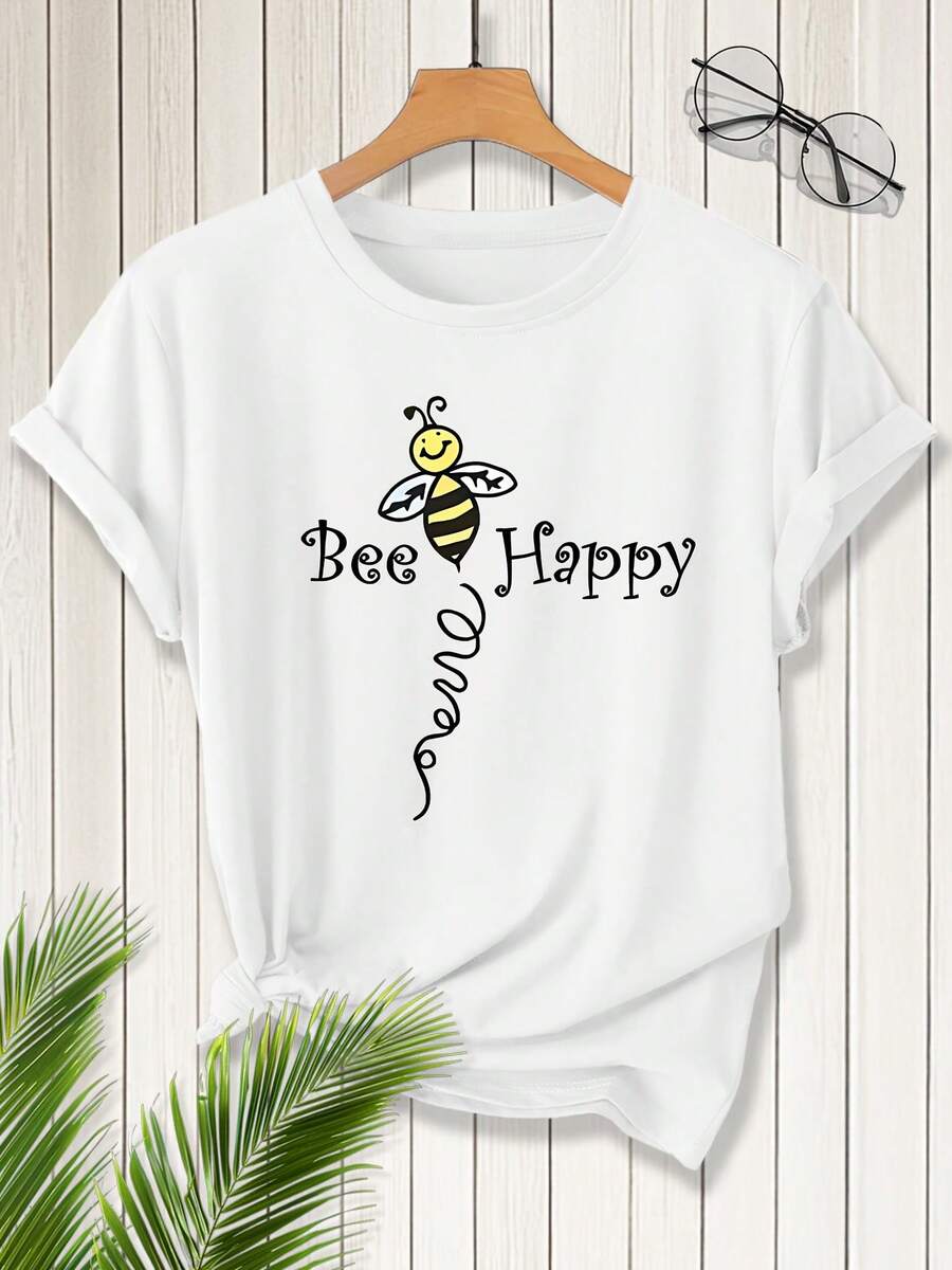 Women's Summer Clothing, Plus Size Short Sleeve Crew Neck T-Shirt With "Bee Happy" Print, Cool Forest Style Loose Fit Top, Versatile Women's Clothing For Everyday Wear, Casual And Stylish For Commuting, Spring/Summer 2026, Available In Sizes 1XL-5XL - 白色 - 查看 1