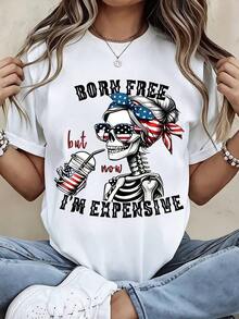 Women's Fashion T-Shirt With Skull And American Flag Print, With The Phrase "I Was Born Free But Now I'm Expensive", Graphic T-Shirt For Casual Wear And Patriotic Events, Cool Summer Clothes For Women - 白色 - 查看 6