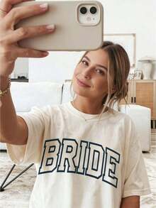 New 2026 Collection: Cotton T-Shirt For Bride, Minimalist T-Shirt For Bride, Wedding, Bachelorette Party, Aesthetic T-Shirt For Bride 3XL, Classic Thick Cotton Short Sleeve Graphic Print T-Shirt For Bachelorette Party, Casual Short Sleeve Top For Women, Short Sleeve Sports T-Shirt. - 杏色 - 查看 3