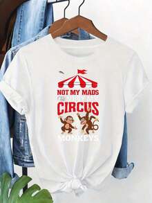 Premium 100% Cotton Summer Casual T-Shirt With A Large Caravan And Monkey Print, Featuring The Phrase "NOT MY MADS CIRUS MONKEYS" Printed On A Wooden Hanger. Simple Solid Color T-Shirt With A Relaxed, Fitted Cut And Casual Short Sleeves. Great Gift Idea. - 白色 - 查看 1