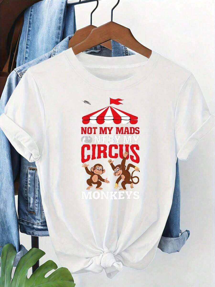 Premium 100% Cotton Summer Casual T-Shirt With A Large Caravan And Monkey Print, Featuring The Phrase "NOT MY MADS CIRUS MONKEYS" Printed On A Wooden Hanger. Simple Solid Color T-Shirt With A Relaxed, Fitted Cut And Casual Short Sleeves. Great Gift Idea. - 白色 - 查看 1