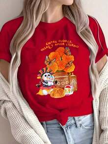 MYNOVA C Women's Soft Cotton T-Shirt, Plus Size, With Day Of The Dead Skull And Flower Print, Halloween Gift, Outfit, Fashionable Women's Summer Dresses, Casual, Perfect For All Seasons, Sizes S M L XL, 100% Cotton Women's T-Shirts - 紅色 - 查看 2