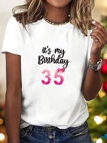 1 Piece Of Y2K Style Women's Casual Short-Sleeved Sports T-Shirt With "This Is My 35th Birthday" Print, Birthday Gift. Elegant Party Outfit, T-Shirt For Elegant Ladies, Blouses Suitable For Curvy Women, Casual Wear, Cool And Sweat-Free Summer Clothing, Fun Letter Print. - 白色 - 查看 2