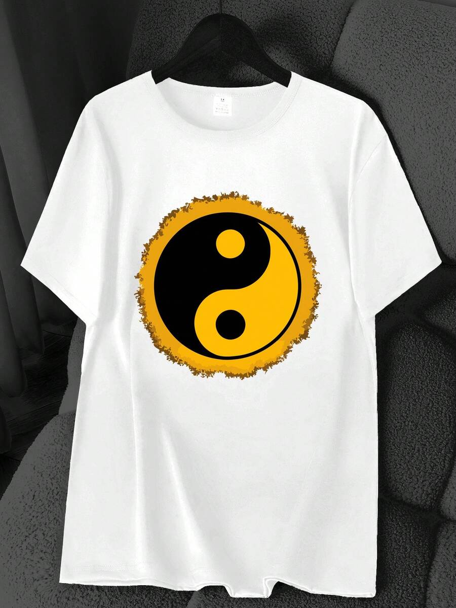 T-Shirt With A Tai Chi Yin-Yang Print. Short Sleeve, Round Neck, High-Elasticity Casual Sports Top. Machine Washable. Spring And Summer. Women's Clothing. Elegant Party Outfit, Stylish Ladies' T-Shirt, Blouses Suitable For Curvy Women, Casual Wear, Cool And Breathable Summer Clothing, Fun Letter Print. - 白色 - 查看 1
