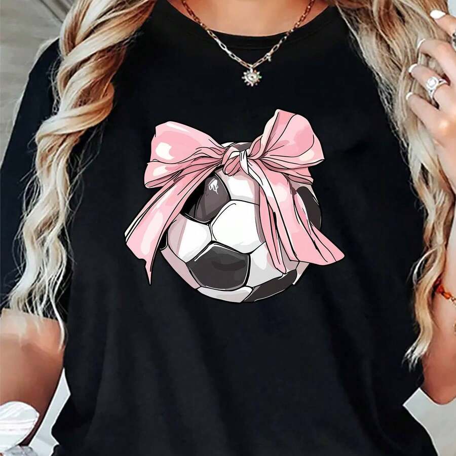 Plus Size Women's Printed Crew Neck T-Shirt, Casual Football Shirt With Bow Print R - Medium Elasticity Breathable Fabric, Crew Neck, Machine Washable, Comfortable For All Seasons And Casual Wear, Sports Fan Clothing, Non-See-Through Material, Workout Clothes, Fashionable Design, Comfortable Fit, Printed T-Shirt, Women's, 100%. - 黑 - 查看 1