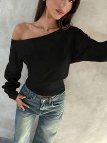 Blusa Asimétrica de Hombro de Manga Larga de 95% Algodón Tejido, Blusa Versátil Negra, Armario de Otoño; Simple, Elegante; Cómoda, Chic. - Negro - Ver 6