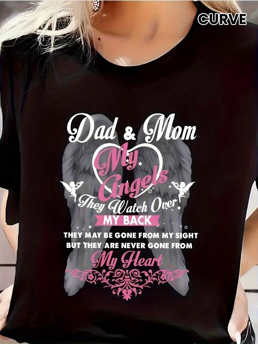 Women's Printed T-Shirt With Angel Wings Design - Casual Short Sleeve Crew Neck T-Shirt, Relaxed Fit For All Seasons, Perfect For Everyday Wear And Holidays (Machine Washable) - Graphic Black T-Shirt. - 黑色 - 查看 1