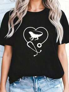 Women's Short-Sleeved T-Shirt, 100% Cotton, Breathable And Skin-Friendly, With A Fun "Veterinary Medicine" Paw Print. Casual, Loose-Fitting, And Oversized Style, Suitable For Pet Lover Gatherings, Daily Commutes, And Outings. European And American Style Plus-Size Women's Clothing. Crew Neck, 100% Cotton, Soft Fabric, Short Sleeves - 黑色 - 查看 2
