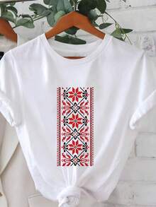 Women's T-Shirt - Ukrainian Folkloric T-Shirt For Women - Short Sleeve Top With Round Neck And Forest Flower And Snowflake Print,  Blouse Suitable For Spring/Summer, Machine Washable Casual Blouse For Ukrainian Outfits, Women's Going Out T-Shirts - 白色 - 查看 7