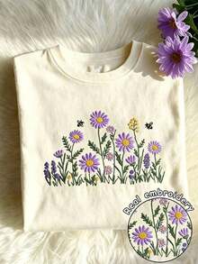 Diseño de bordado de girasol Estampado floral vibrante Camiseta de manga corta de cuello redondo casual para mujer de primavera y verano - Albaricoque - Ver 5