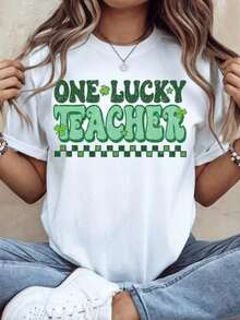 Versatile.1pac.100%Cotton.One Lucky Teacher Shirt Gift For Teacher Life Tee St Patricks Day Teacher Gift Retro Green Lucky Clo.Moda Corte - White - View 6