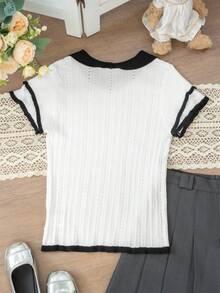 Nuevo diseño de verano Blusa de punto de cuello polo de color contrastante para mujer en blanco - Blanco - Ver 7